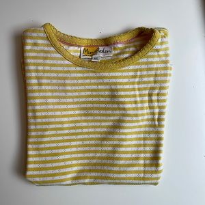 Mini Boden yellow and white striped shirt-sleeved t-shirt.